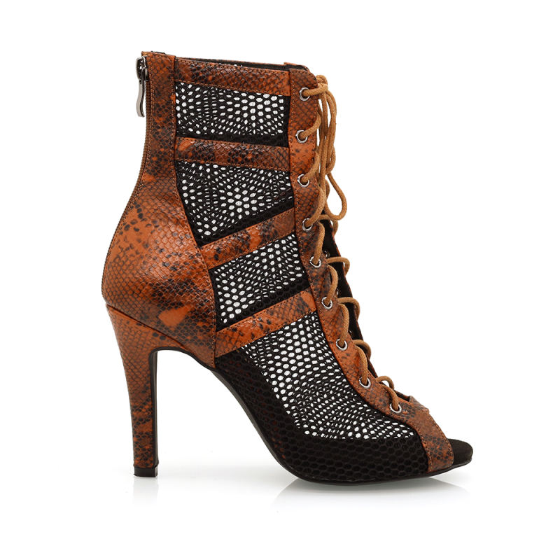 【Viper Verve】ZIP Lace Up Brown Snake Skin With Mesh 9.5cm Heels Dance Ankle Boots