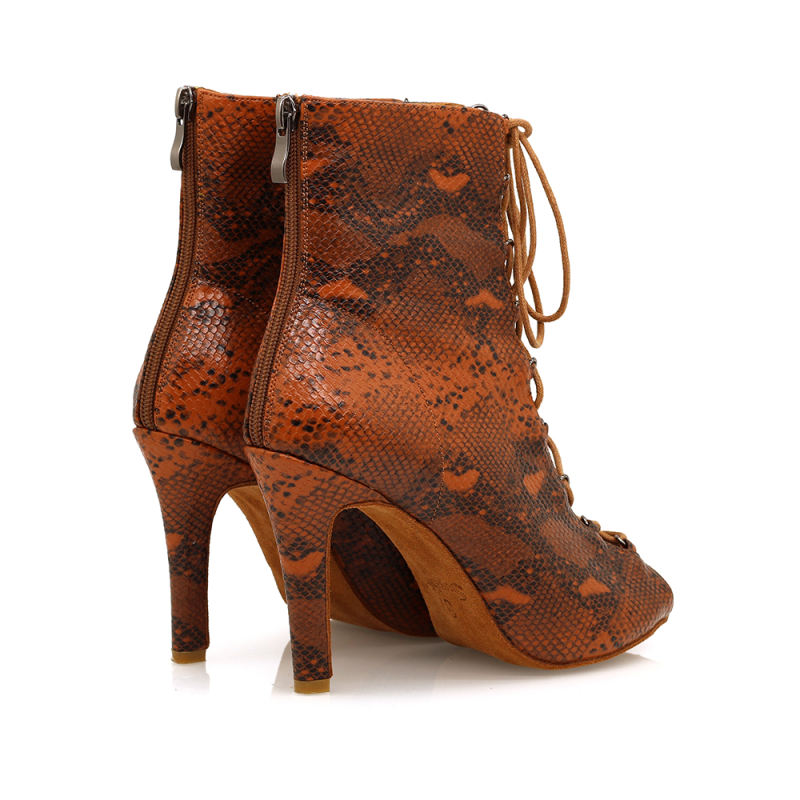 【Under my skin】ZIP Lace Up Brown Snake Skin 9.5cm Heels Dance Ankle Boots