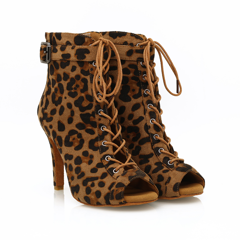 Sleek Spots ZIP Lace Up Brown Leopard Small Open Toe 9.5cm Heels Dance Ankle Boots