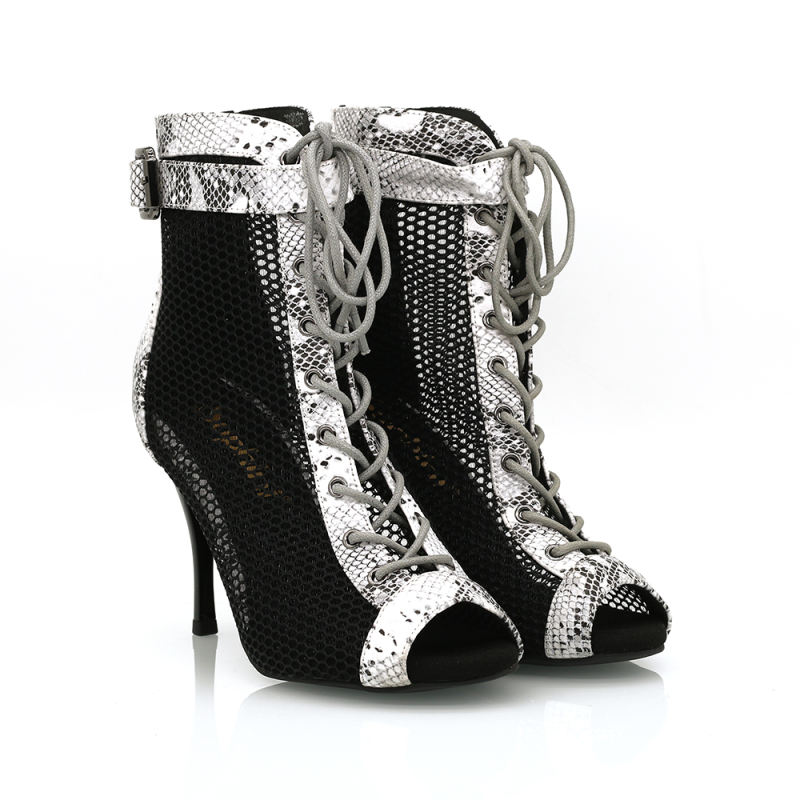 【Coldblooded】Gray Snake Skin Ankle Bukle With Mesh 8.5cm Heels Dance Ankle Boots
