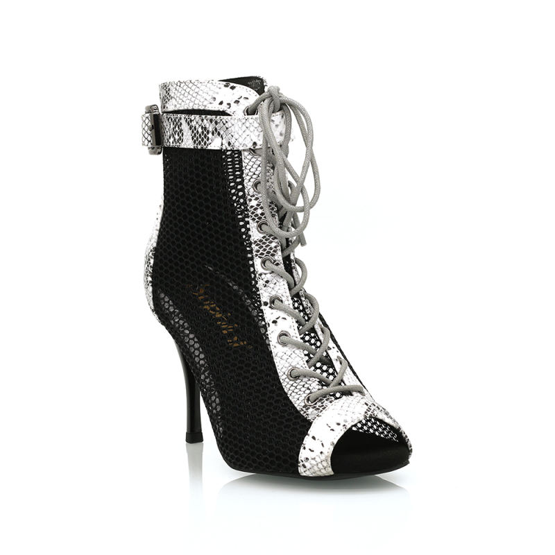 【Coldblooded】Gray Snake Skin Ankle Bukle With Mesh 8.5cm Heels Dance Ankle Boots