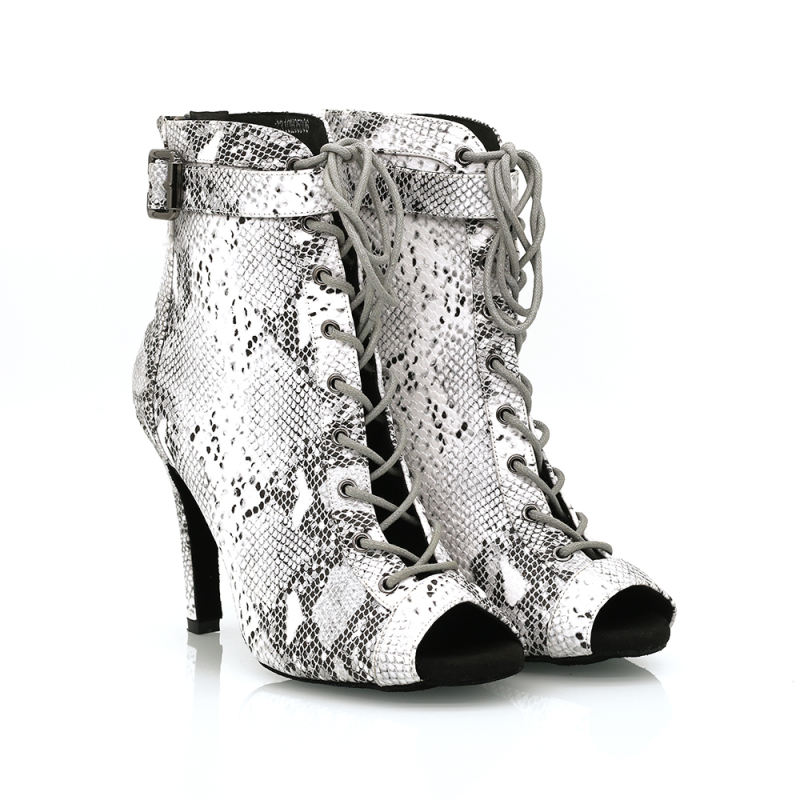 【Icy Viper】Gray Snake Skin Ankle Bukle Small Open Toe 9.5cm Heels Dance Ankle Boots