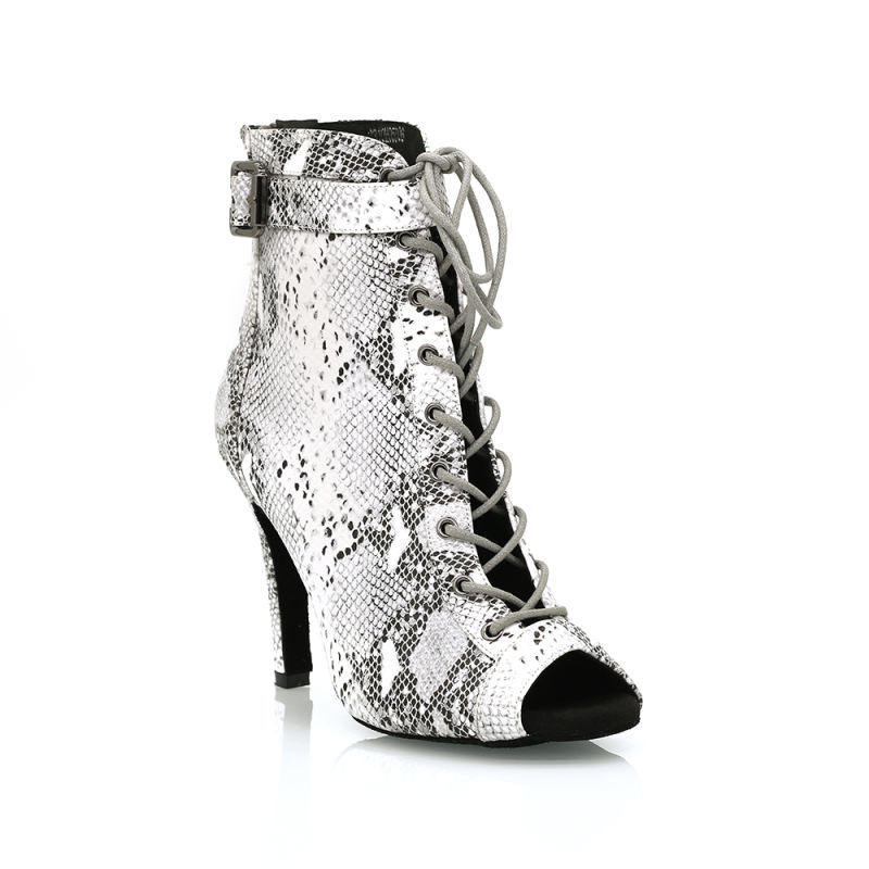 【Icy Viper】Gray Snake Skin Ankle Bukle Small Open Toe 9.5cm Heels Dance Ankle Boots