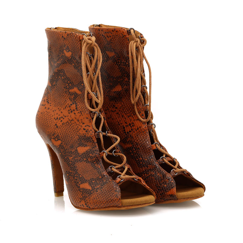 【Under my skin】ZIP Lace Up Brown Snake Skin 9.5cm Heels Dance Ankle Boots