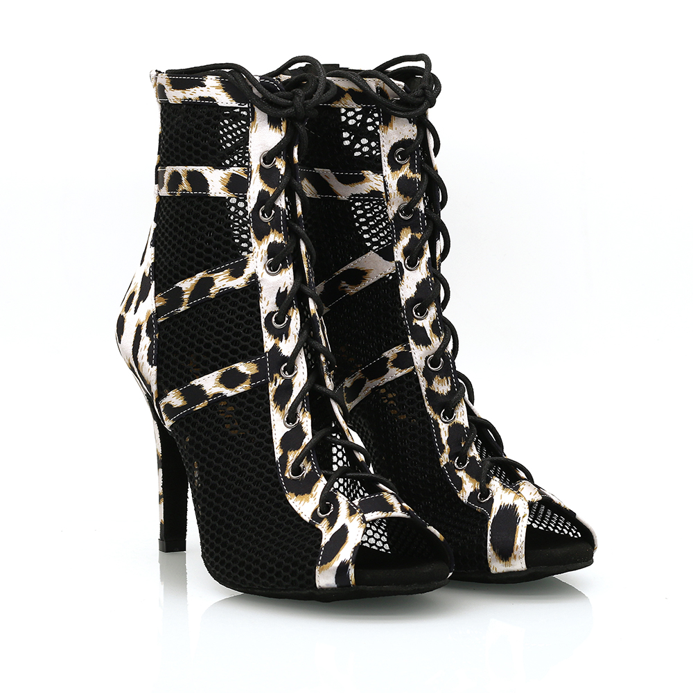 Jaguar Grace】ZIP Lace Up Leopard Satin With Mesh 9.5cm Heels