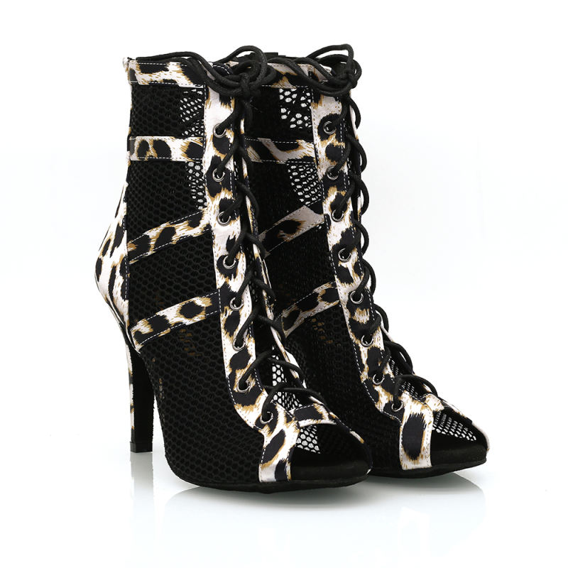 【Jaguar Grace】ZIP Lace Up Leopard Satin With Mesh 9.5cm Heels Dance Ankle Boots