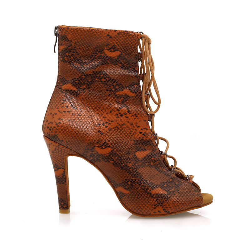 【Under my skin】ZIP Lace Up Brown Snake Skin 9.5cm Heels Dance Ankle Boots