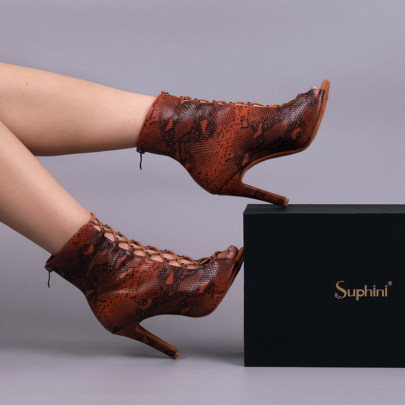 【Under my skin】ZIP Lace Up Brown Snake Skin 9.5cm Heels Dance Ankle Boots