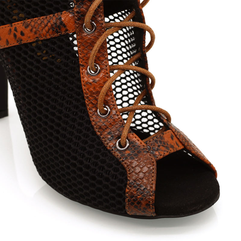 【Viper Verve】ZIP Lace Up Brown Snake Skin With Mesh 9.5cm Heels Dance Ankle Boots