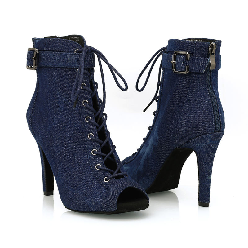 【Gunner】Deep Denim Jeans Lace Up Ankle Buckle 9.5cm Slim Heel Dance Boots