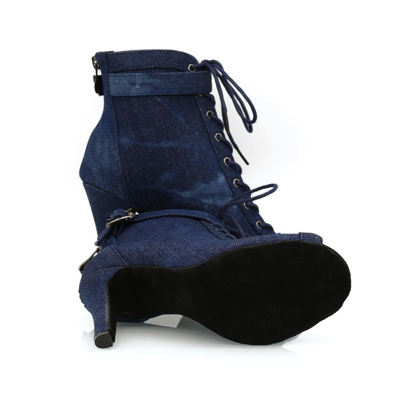 【Gunner】Deep Denim Jeans Lace Up Ankle Buckle 9.5cm Slim Heel Dance Boots