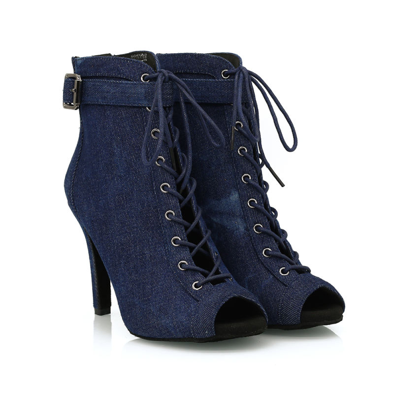 【Gunner】Deep Denim Jeans Lace Up Ankle Buckle 9.5cm Slim Heel Dance Boots