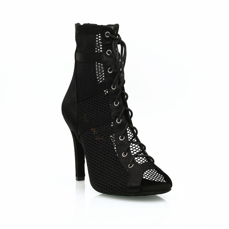 【Ace】Classic Black Satin With Mesh 9.5cm Slim Heel Dance Boots