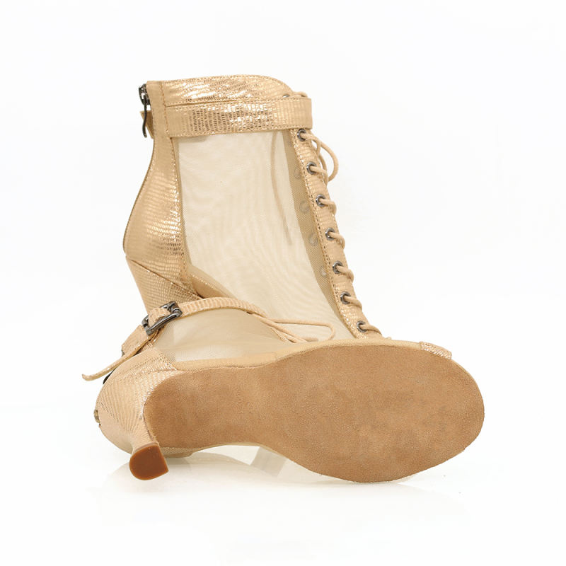 【Golden hour】Golden Microfiber Mesh Lace Up 10cm Flare Heel Dance Boots