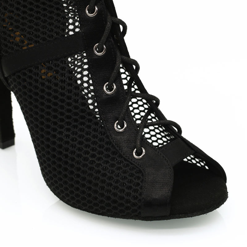 【Ace】Classic Black Satin With Mesh 9.5cm Slim Heel Dance Boots