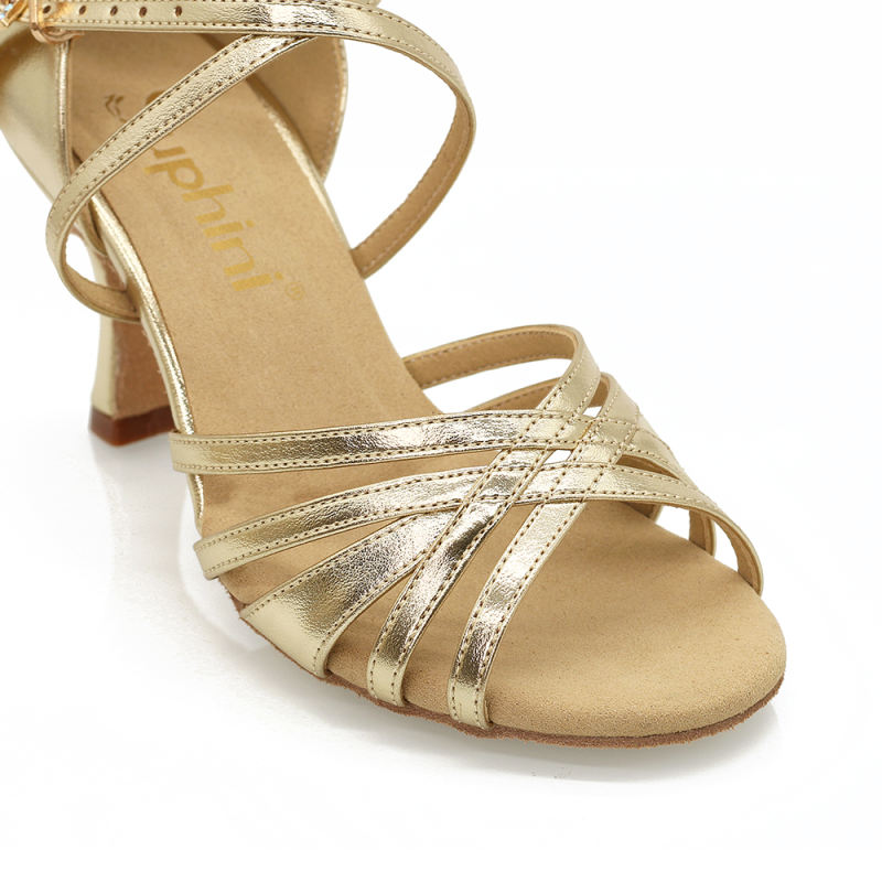 【Deborah】NEW ARRIVEAL Light Gold 5 Straps 7.5cm Flare Heel Latin Dance Shoes