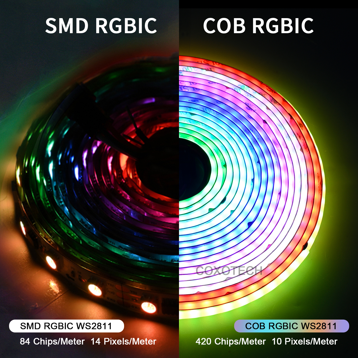 S5000 420leds 10mm Wide White Black PCB Board Digital COB RGB LED Strip