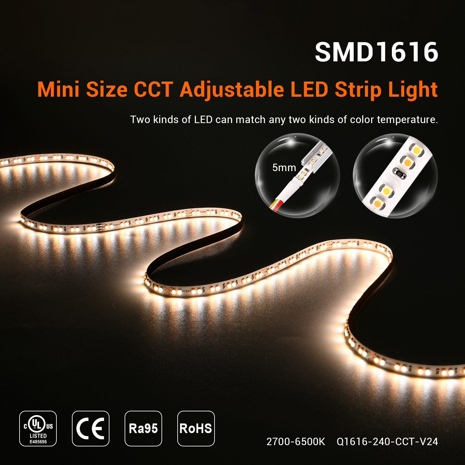 5mm 24V 240leds/m Ra95 CCT 1616 LED Strip