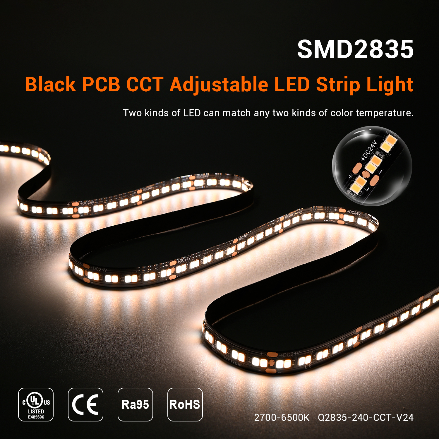 10mm 24V 240leds/m Ra95 Black PCB CCT 2835 LED Strip