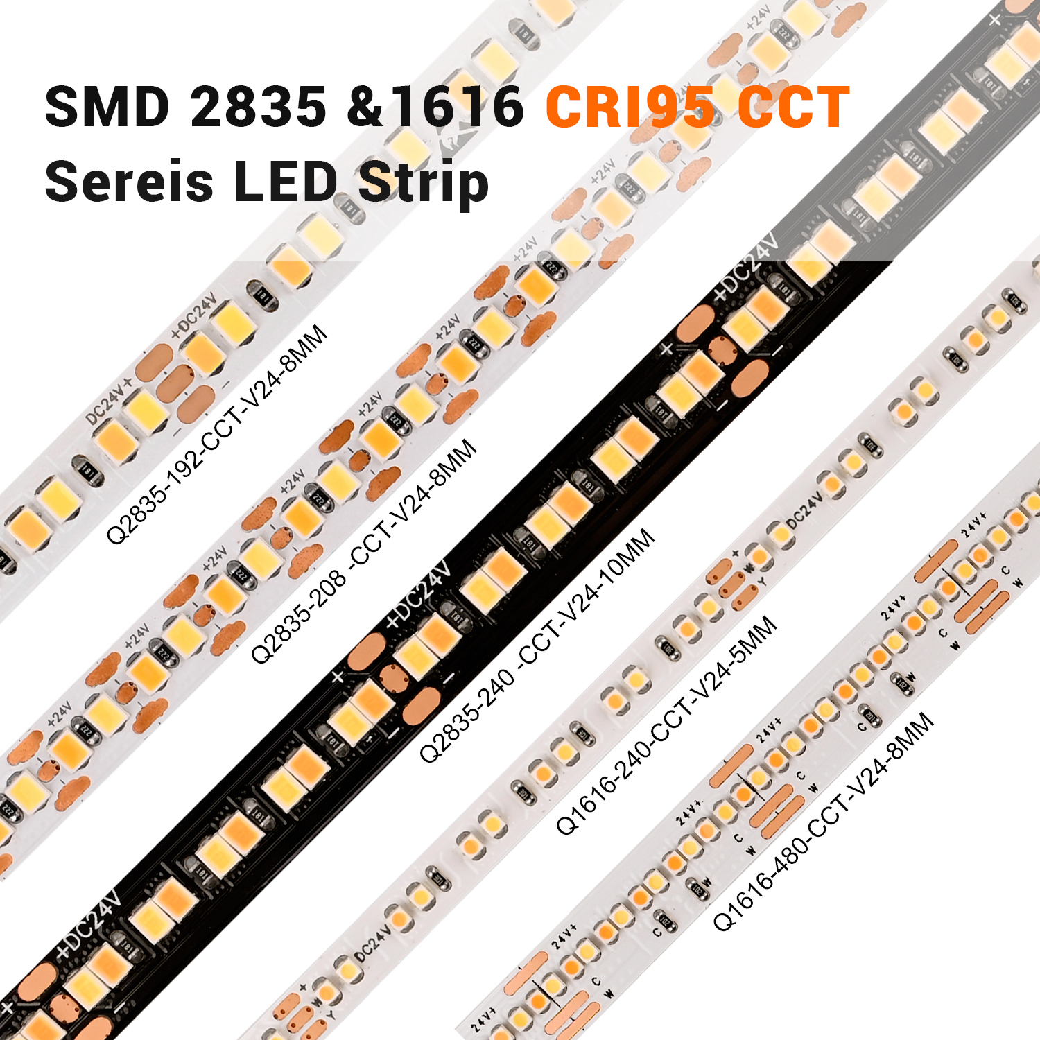 8mm 24V 480leds/m Ra95 CCT 1616 LED Strip