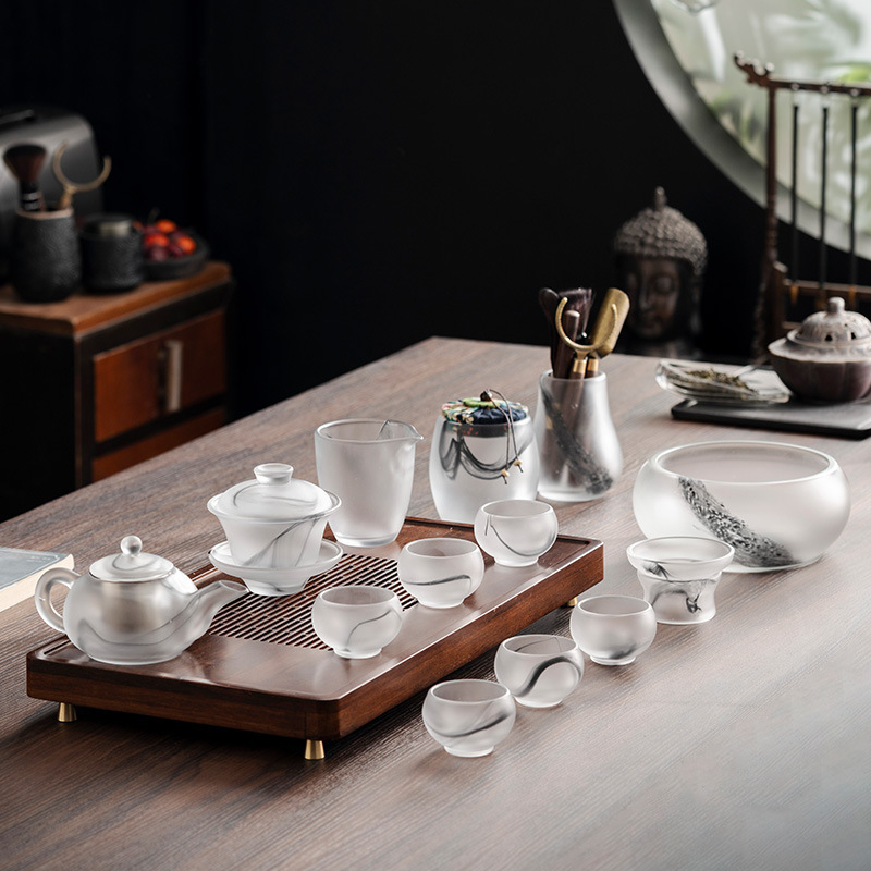 High-end ink style ancient glass tea set Chinese style glass jade porcelain