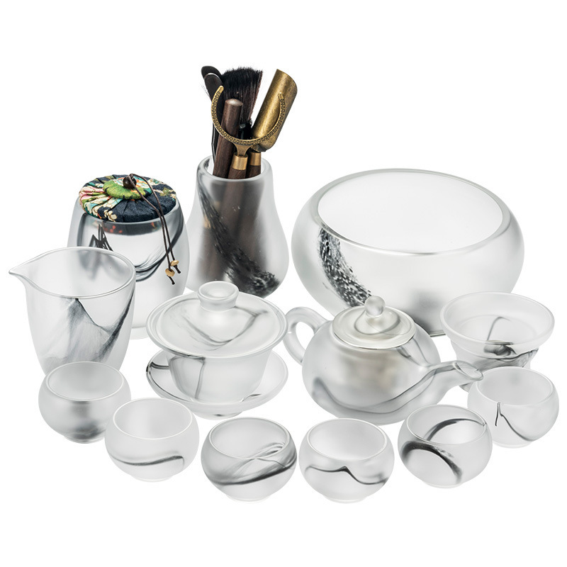 High-end ink style ancient glass tea set Chinese style glass jade porcelain