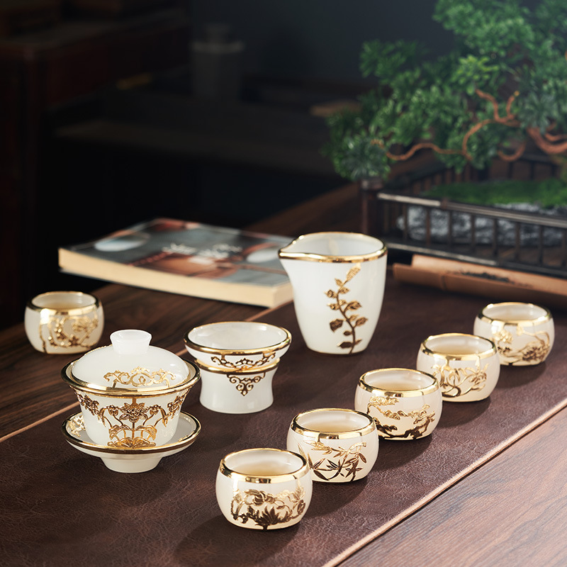 Gold inlaid jade glazed jade porcelain Kung Fu tea set large set home gift box