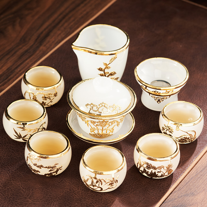 Gold inlaid jade glazed jade porcelain Kung Fu tea set large set home gift box