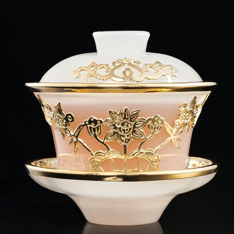 Gold inlaid jade glazed jade porcelain Kung Fu tea set large set home gift box