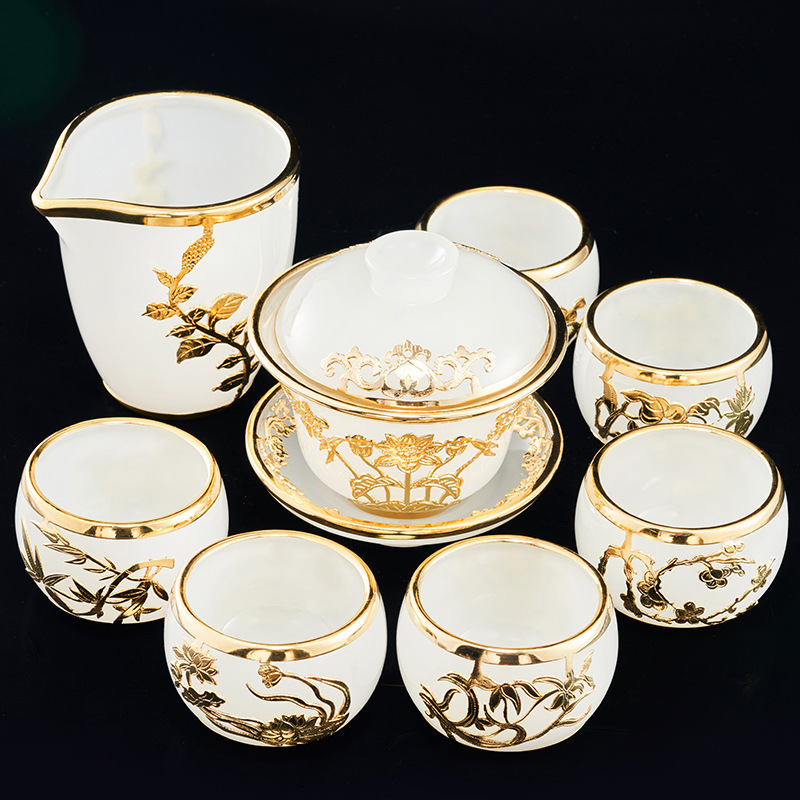 Gold inlaid jade glazed jade porcelain Kung Fu tea set large set home gift box