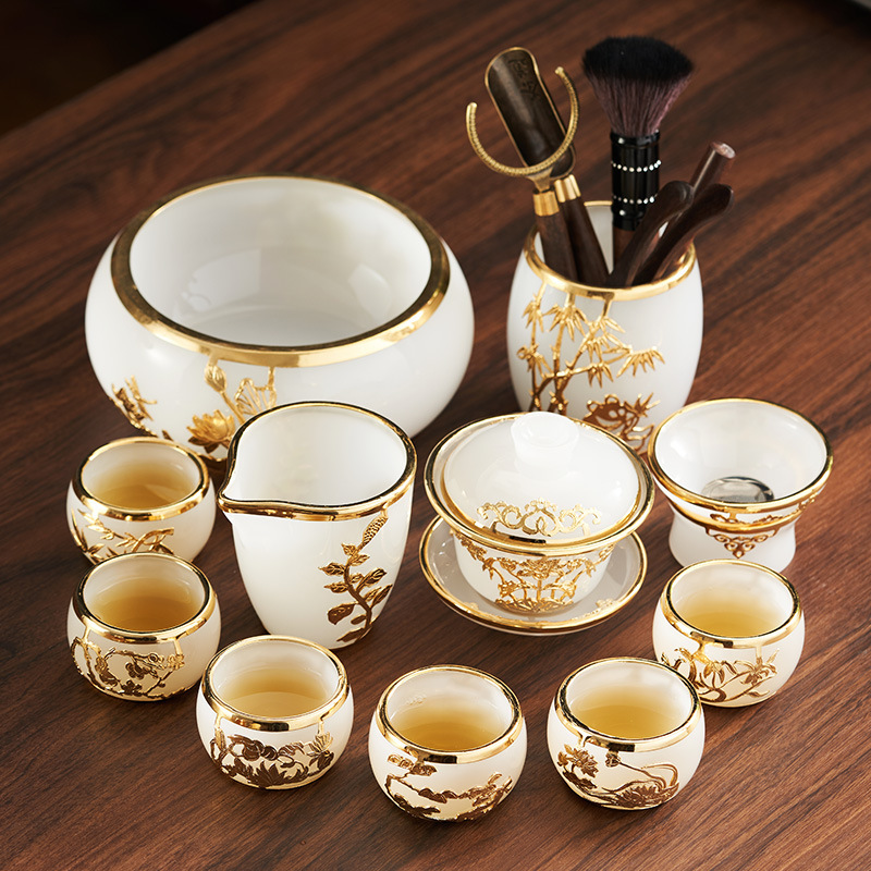 Gold inlaid jade glazed jade porcelain Kung Fu tea set large set home gift box