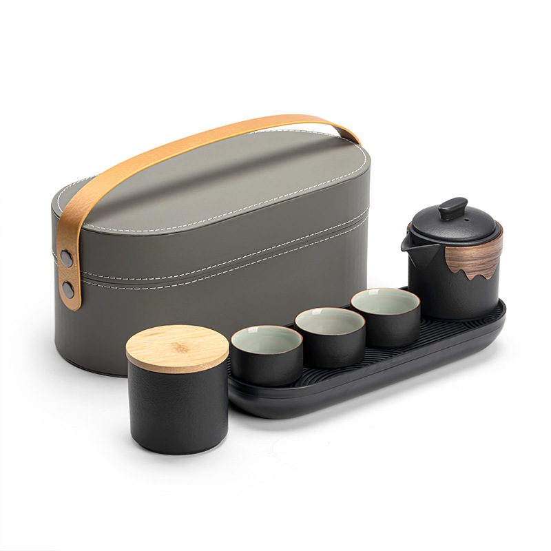 Japanese simple black pottery outdoor travel portable tea set small set