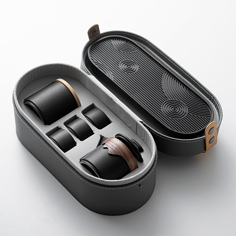 Japanese simple black pottery outdoor travel portable tea set small set