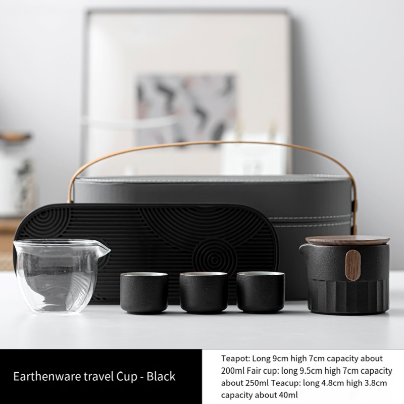Japanese simple black pottery outdoor travel portable tea set small set
