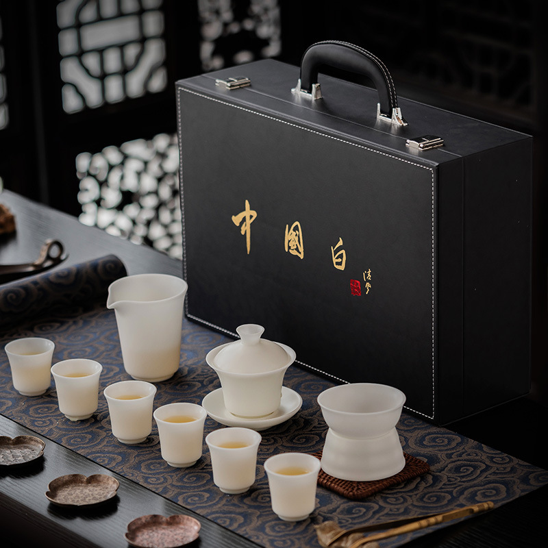 Mutton-fat jade ice seed white jade porcelain kungfu tea set