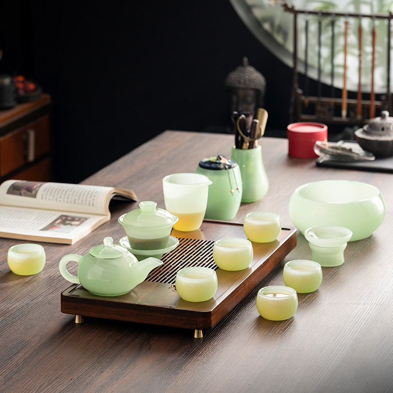 Solid colored glass Chinese high-end glass Xiu sapphire porcelain gongfu tea set