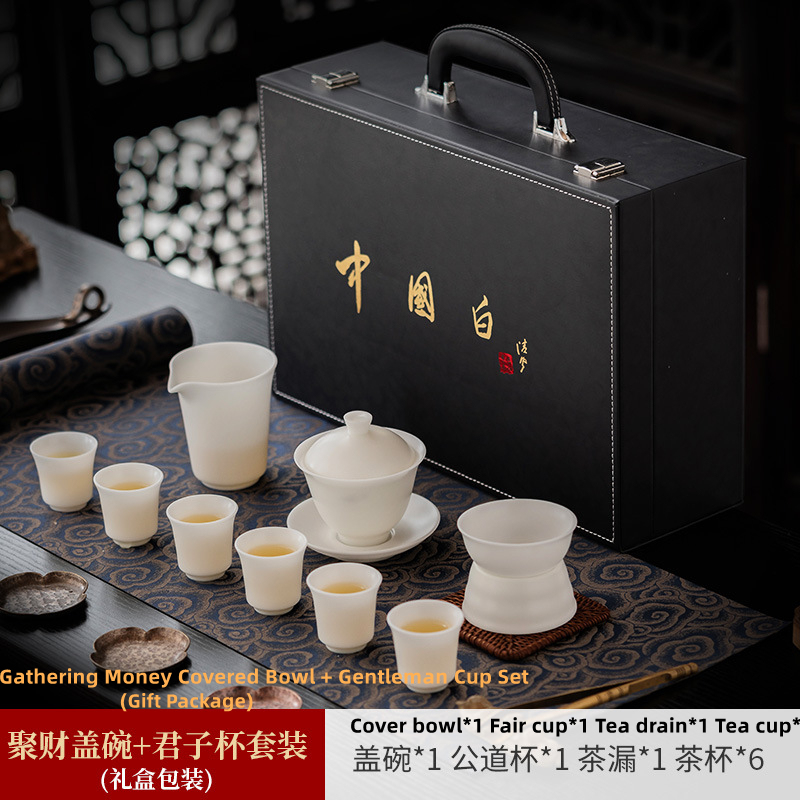Mutton-fat jade ice seed white jade porcelain kungfu tea set