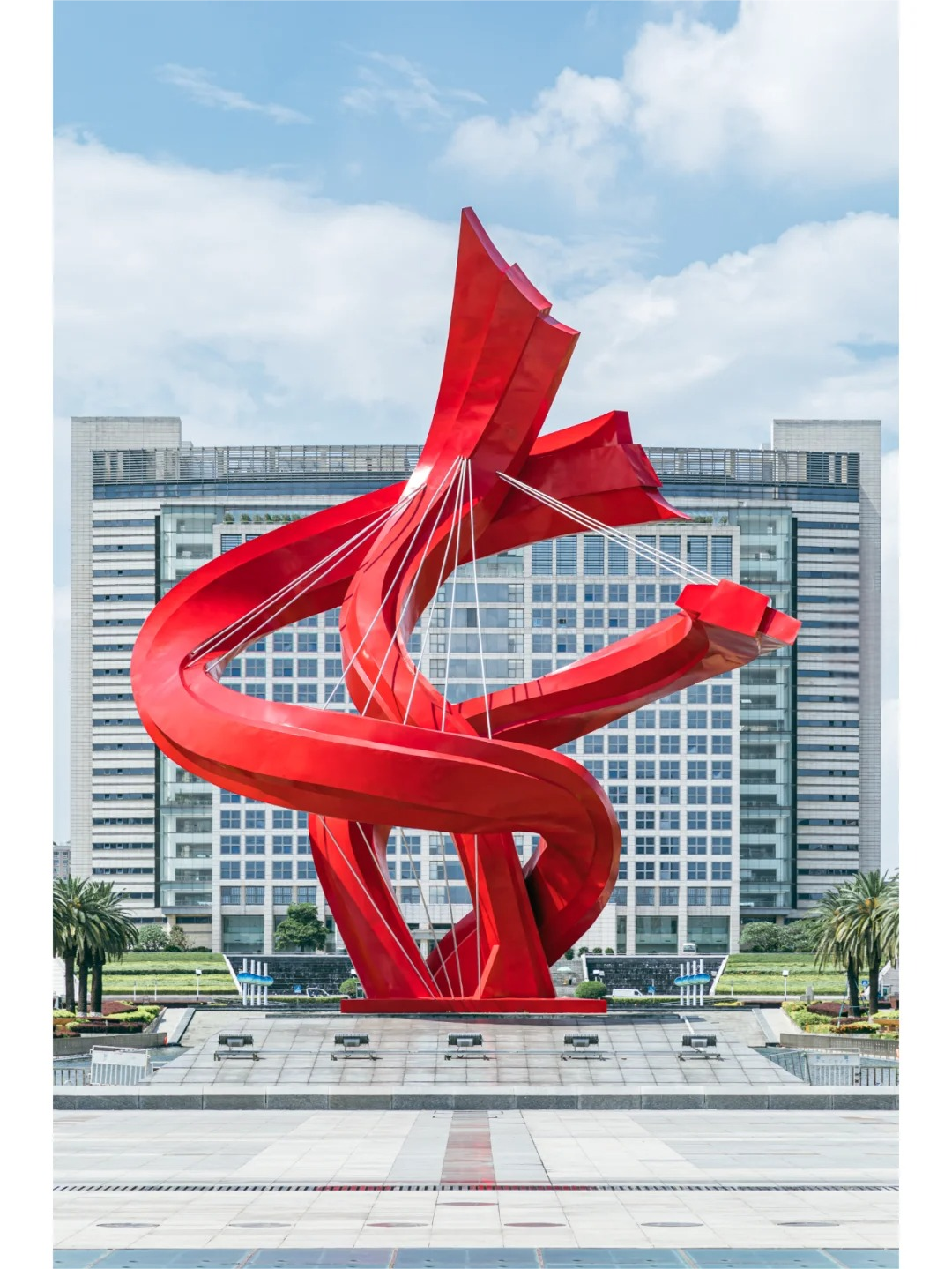 Urban Landscape Metal Red Ribbons Art Sculpture