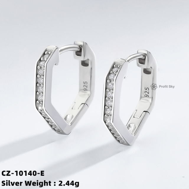 925 Sterling SIlver Geometric Hexagon Hoop Huggie Earings