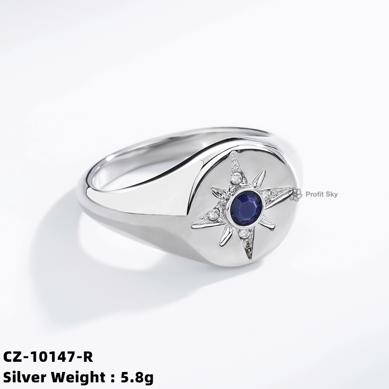 Eight Pointed Star Zircon Signet Sterling Silver Rings
