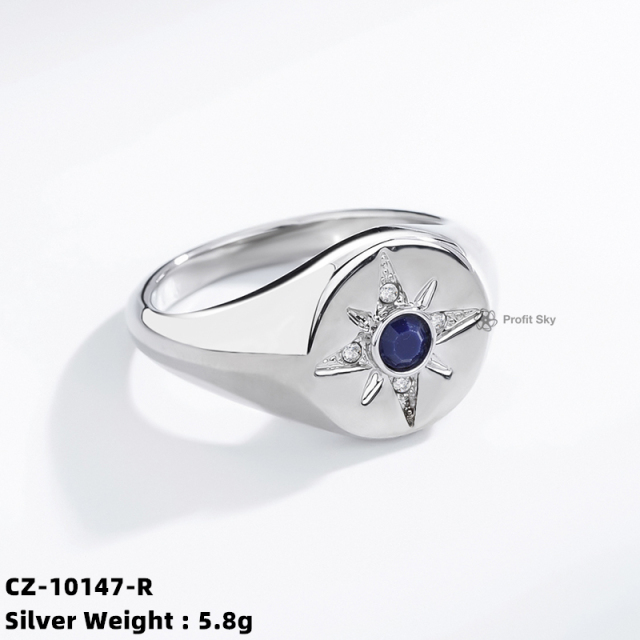 Eight Pointed Star Zircon Signet Sterling Silver Rings