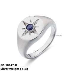 Eight Pointed Star Zircon Signet Sterling Silver Rings