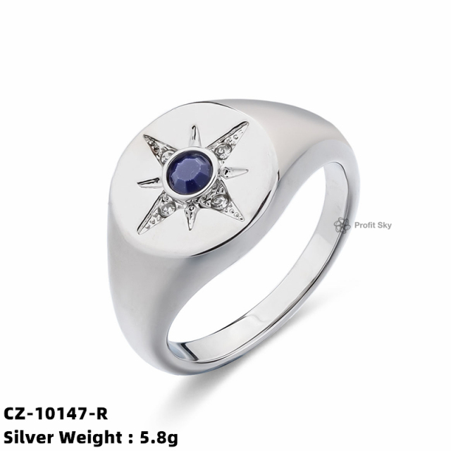 Eight Pointed Star Zircon Signet Sterling Silver Rings