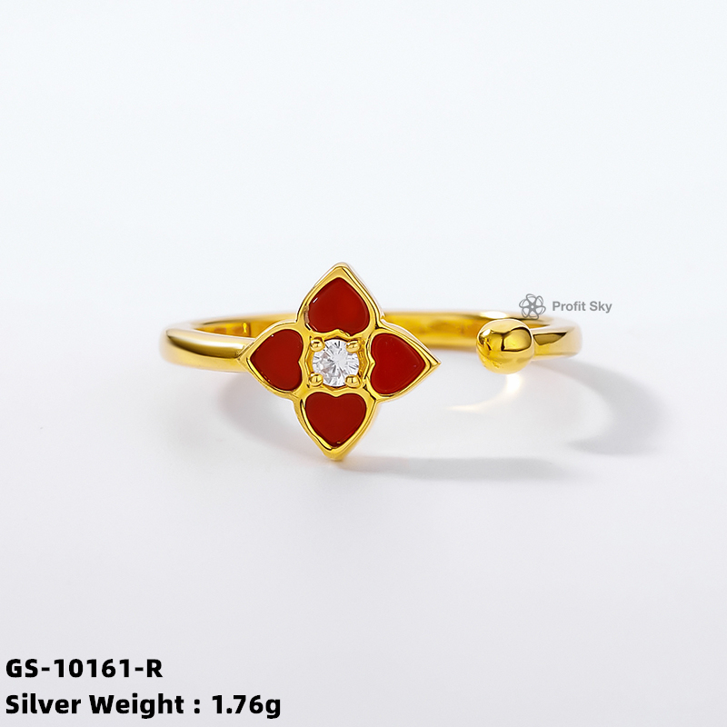 Four-Leaf Clover Shell Silver Gemstone Ring