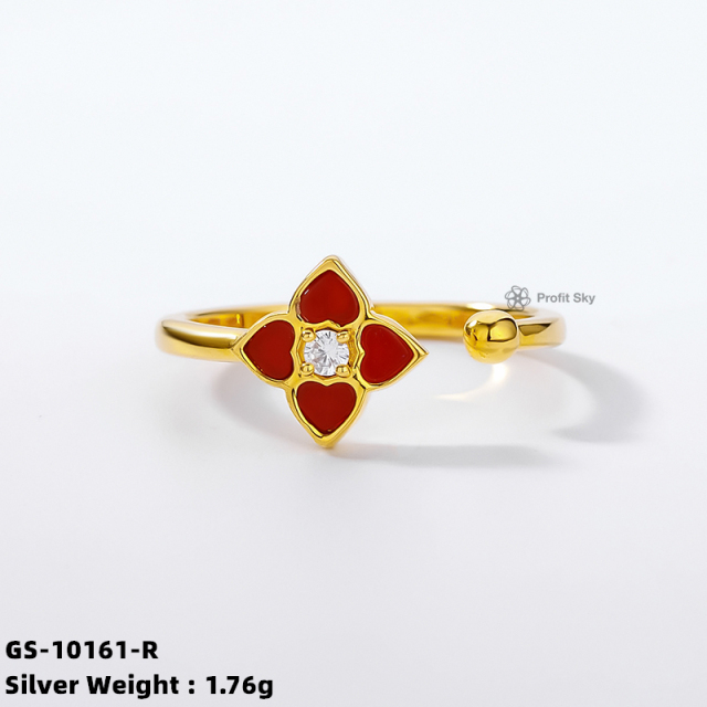 Four-Leaf Clover Shell Silver Gemstone Ring