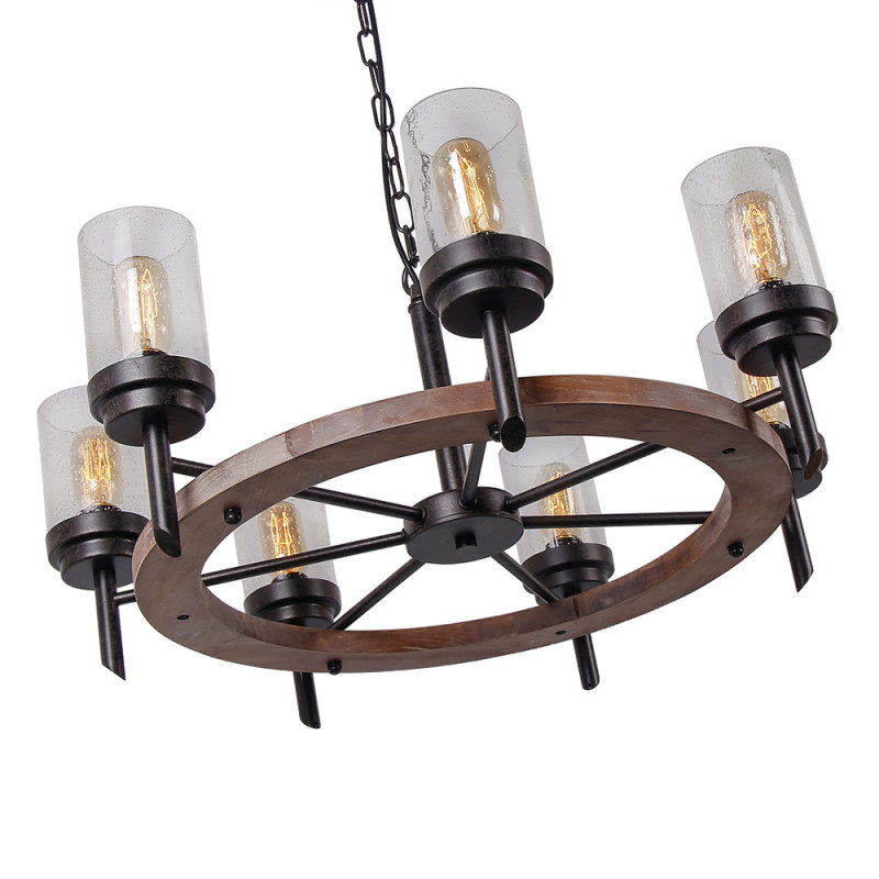 Round Farmhouse Wood Dining Table Chandelier with Seeded Shades, Industrial Vintage Edison Pendant Lamp Rustic Hanging 7 Lights, 17807