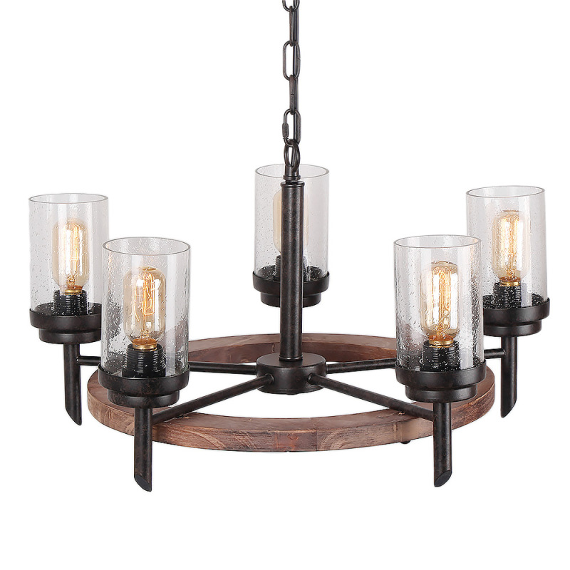 Round Farmhouse Wood Dining Table Chandelier with Seeded Shades, Industrial Vintage Edison Pendant Lamp Rustic Hanging 5 Lights, 17803