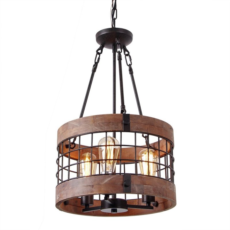 Anmytek C0018 Round Wooden Chandelier Metal Pendant Three Lights Decorative Lighting Fixture Retro Rustic Antique Ceiling Lamp (Three Lights)