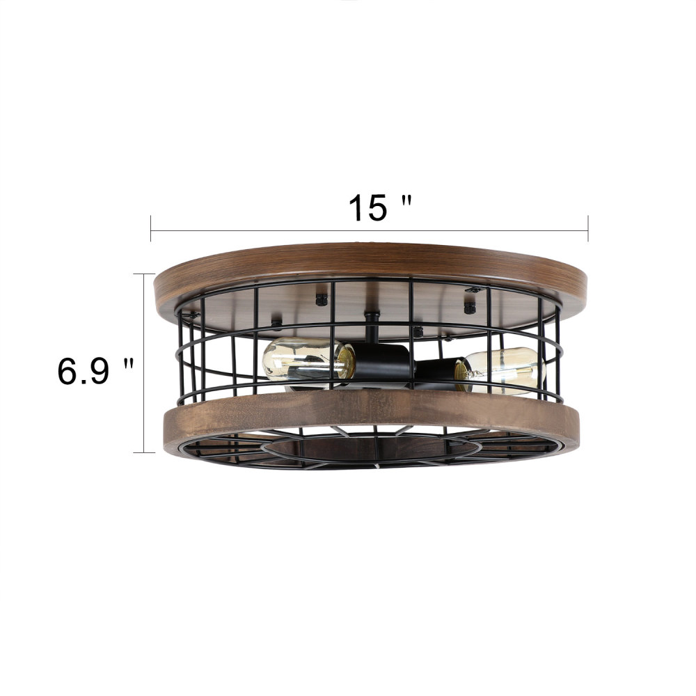 Anmytek Ceiling Light Fixture Rustic Chandelier Excellent Metal Wood Frame Cage Industrial Pendant Lighting Brown Finishing Lamp 3 Lights