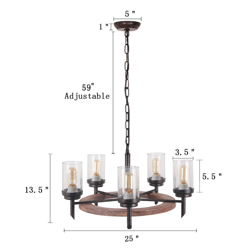 Round Farmhouse Wood Dining Table Chandelier with Seeded Shades, Industrial Vintage Edison Pendant Lamp Rustic Hanging 5 Lights, 17803